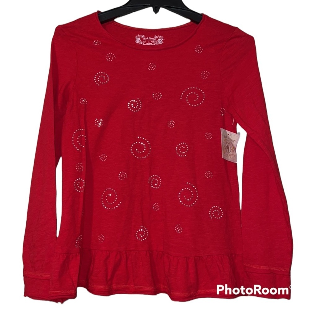 Red Camel girls large long sleeve shirt red with silver rhinestone spirals NWT
